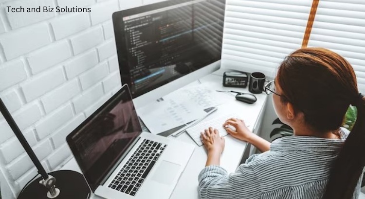 women use Desktop computer and laptop